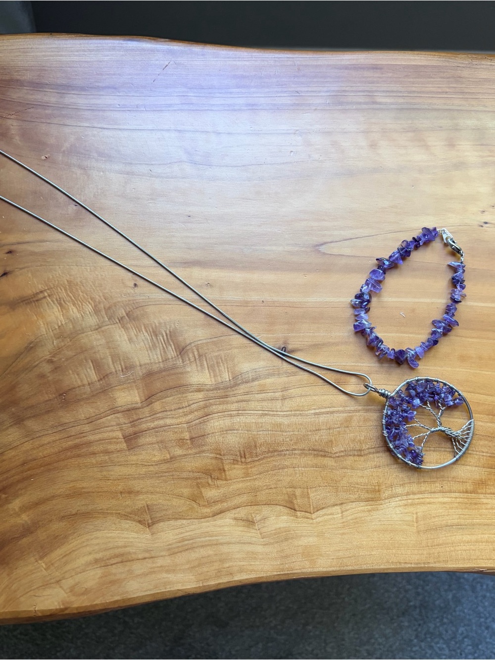 Handcrafted Purple Tree of Life Pendant Necklace with Matching Chip Bracelet